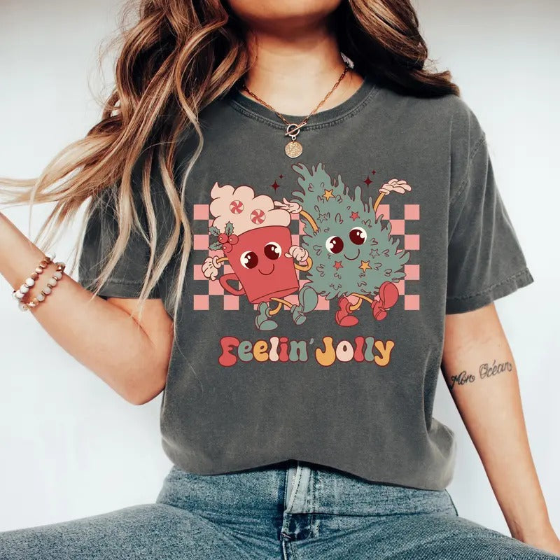 Comfort Colors Feelin' Jolly Christmas Shirt, Retro Christmas Holiday T-shirt, Christmas Tree Family Tee, Cozy Outfit...