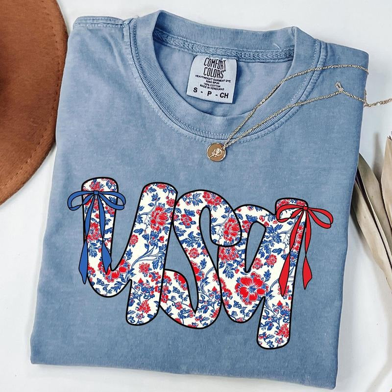 Comfort Colors Floral Coquette USA Shirt, Retro America T-Shirt, 4th Of July Gift, Patriotic Tee, Coquette Bow Shirt...