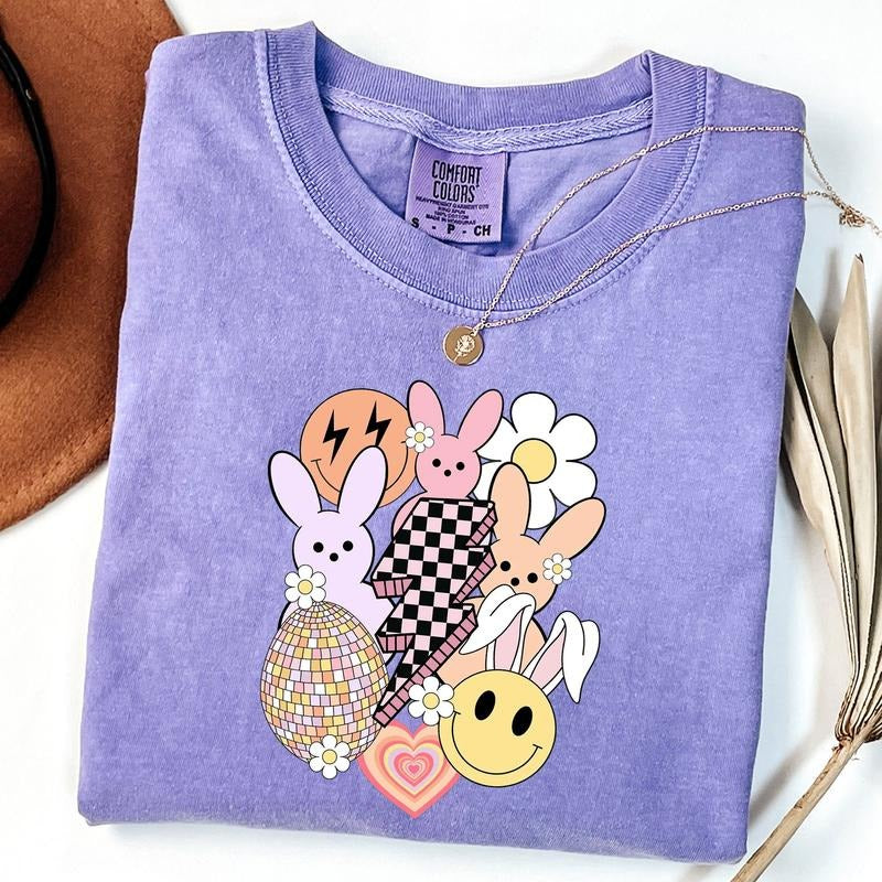 Comfort Colors Funny Easter Bunny Shirt, Easter Bunny Graphic Tee, Easter Smiley Bunny T-Shirt Hoodie, Sweatshirt