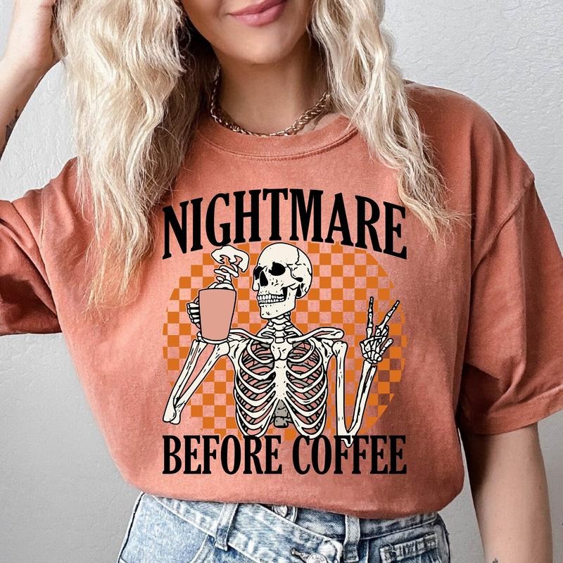 Comfort Colors Funny Halloween Shirt, Cute Skeleton Halloween Shirt, Coffee Fall Shirt, Spooky Season, Womens Coffee...