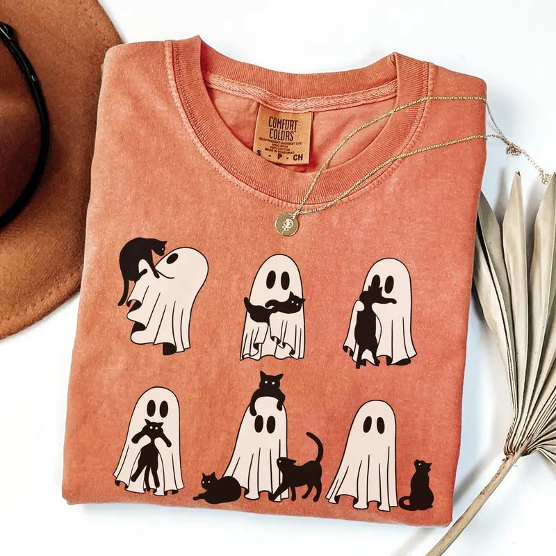 Comfort Colors Ghost Cat Shirt, Cute Cat Lovers Shirt, Retro Ghost Halloween, Halloween Cat Shirt, Spooky Season Gift...