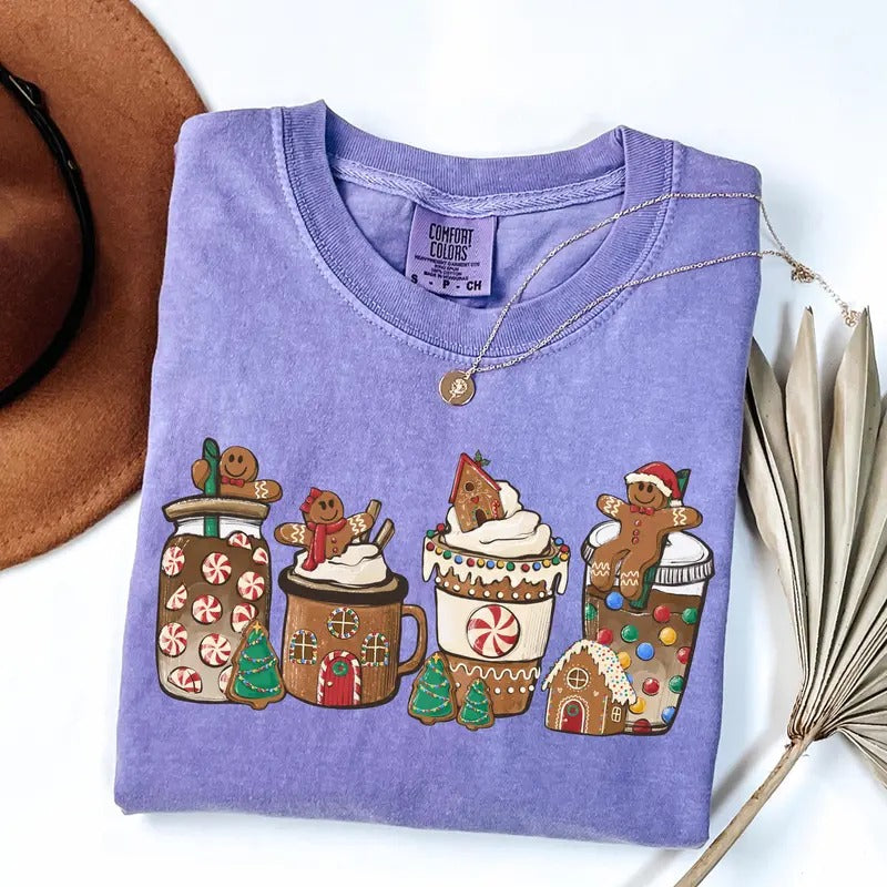 Comfort Colors Gingerbread Christmas Coffee Shirt, Cute Christmas Coffee Lover Gift, Retro Womens Christmas Gift Hoodie,...