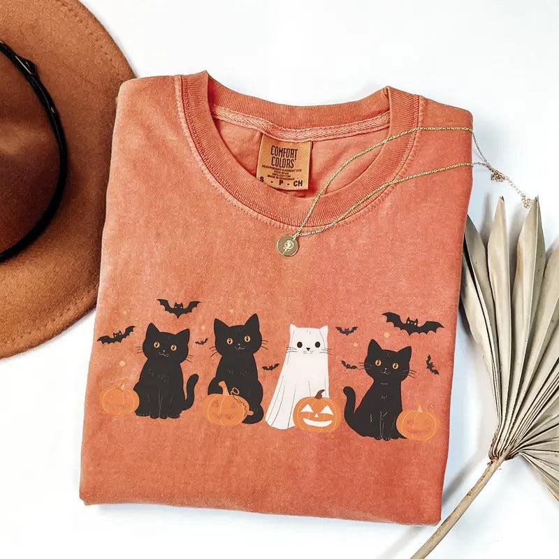 Comfort Colors Halloween Cat Shirt, Ghost Shirt, Ghost Cat Shirt, Happy Halloween,Retro Spooky Season, Black Cat Shirt...