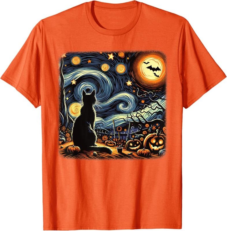 Comfort Colors Halloween Van Gogh Starry Night Black Cat Pumpkins Bats T-Shirt Hoodie, Sweatshirt | TeeBloomCo.com