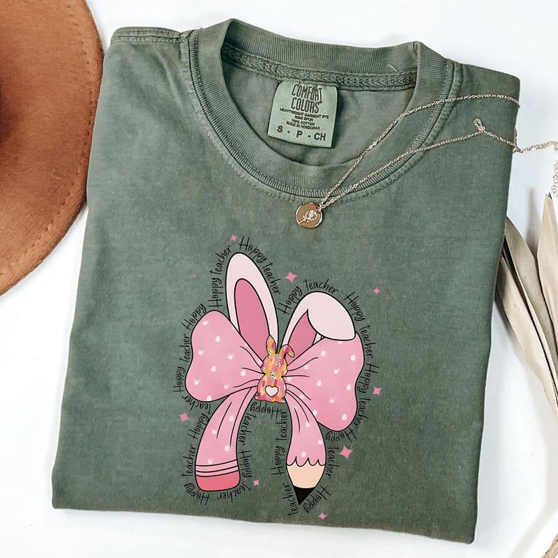 Comfort Colors Happy Teacher Coquette Bow Easter Bunny Shirt, Teacher Easter Shirt, Teacher Appreciation Gift Hoodie,...