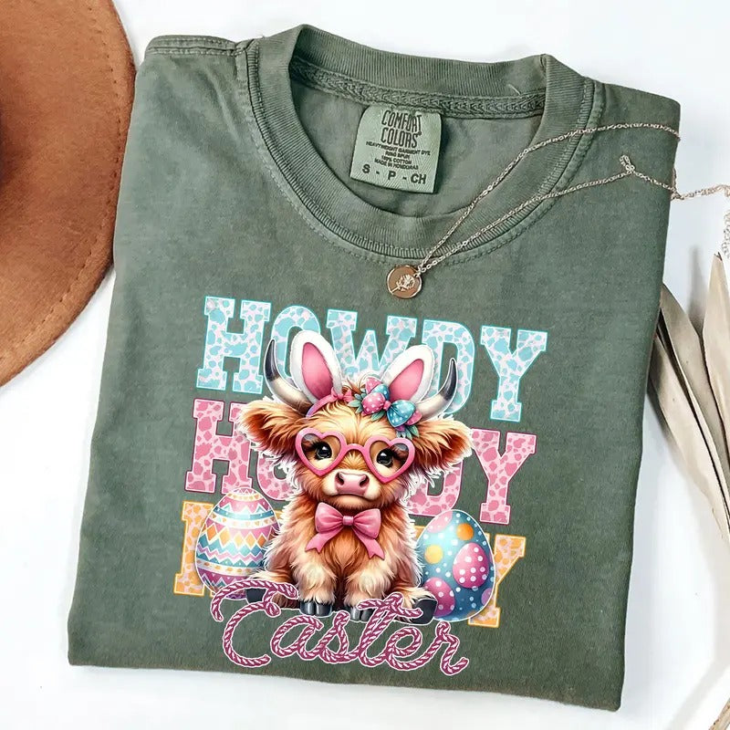 Comfort Colors Howdy Easter Shirt, Western Easter Bunny Ears Shirt, Cute Highland Cow Easter T-Shirt Hoodie, Sweatshirt