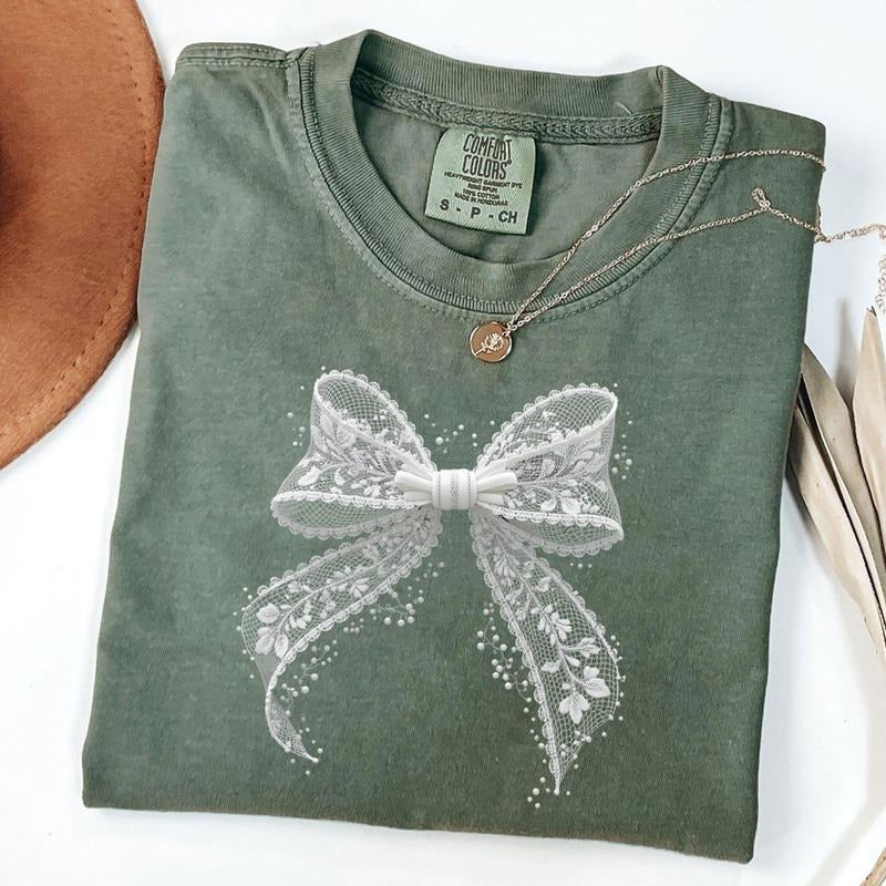 Comfort Colors Lace Bow Shirt, Lace Coquette Bow Tee, Floral Bow T-Shirt, Unisex T-Shirt Hoodie, Sweatshirt | TeeBloomCo.com