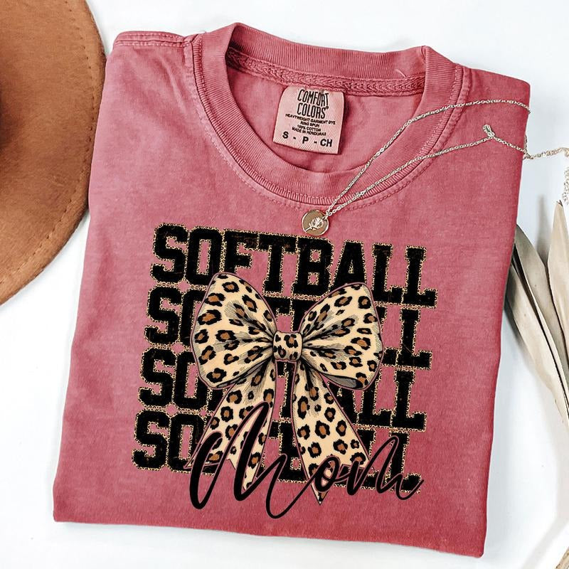 Comfort Colors Leopard Bow Softball Mom Shirt, Softball Mama Shirt, Game Day Softball Shirt, Unisex T-Shirt Hoodie,...