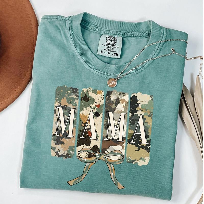 Comfort Colors Mama Camo Coquette Bow Shirt, Old School Camo Shirt, Girls Camo Bow T-shirt, Retro Hunting Mama Tee,...