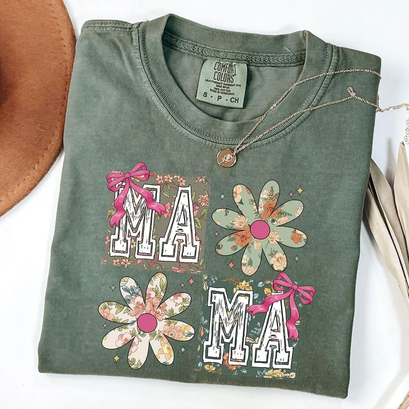 Comfort Colors Mama Shirt, Coquette Bow Mama T-Shirt, Floral Mom Tshirt, Spring Mama Shirt, Springtime Mom Tee, Mothers...