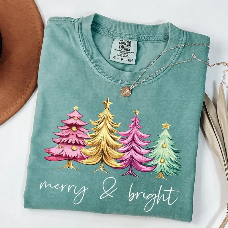 Comfort Colors Merry & Bright Christmas Trees Shirt, Christmas Shirt, Holiday Shirt, Womens Holiday Shirt, Winter Shirt,...