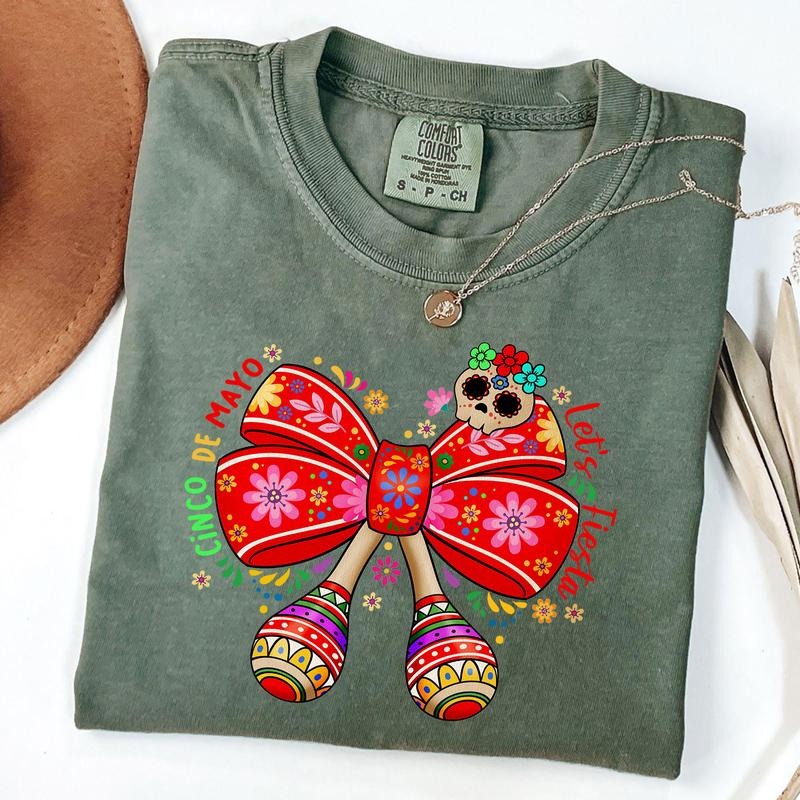 Comfort Colors Mexico Floral Cinco De Mayo Bow Shirt, Coquette Cinco De Mayo Shirt, Fiesta Shirt, Unisex T-Shirt Hoodie,...