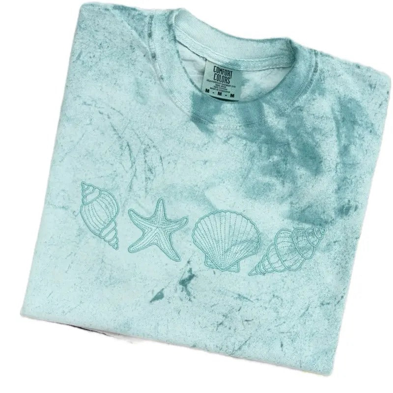 Comfort Colors Monochrome Embroidered Beach Sea Shell Tee Shirt T Shirt Hoodie, Sweatshirt | TeeBloomCo.com