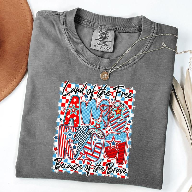 Comfort Colors Retro Checkered America Shirt, 4th of July T-Shirt, Coquette USA T-Shirt, Patriotic Shirt, Unisex T-Shirt...