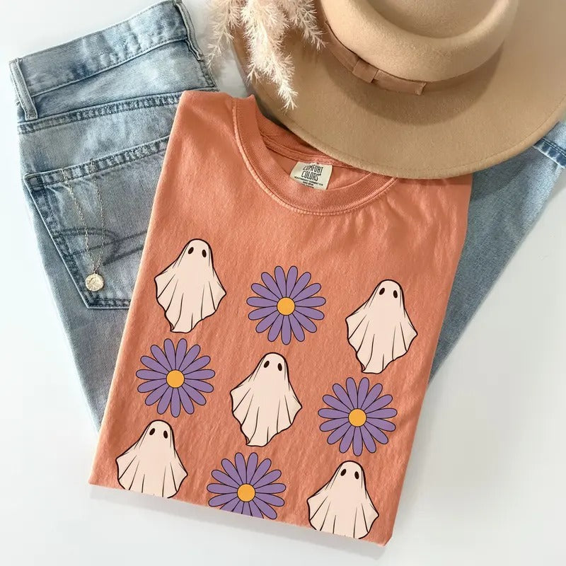 Comfort Colors Retro Halloween Flower Ghost Shirt, Floral T-shirt, Cute Boho Halloween Shirt, Pumpkin Patch Shirt, Fall...