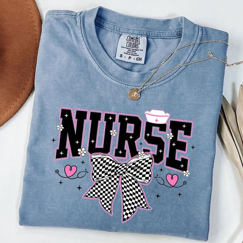 Comfort Colors Retro Nurse Bow Shirt, Nurse Life T-Shirt, RN CNA Nurse Shirt, Checkered Coquette Unisex T-Shirt Hoodie,...