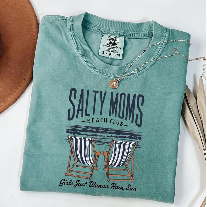 Comfort Colors Salty Moms Beach Club Shirt, Funny Mom Tee, Retro Beach Girl T-Shirt Hoodie, Sweatshirt | TeeBloomCo.com