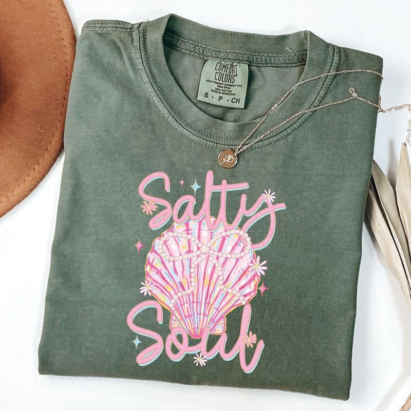 Comfort Colors Salty Soul Tee, Clam Pearl Bow T-Shirt, Summer Vibes Shirt, Girly Summer Hoodie, Sweatshirt | TeeBloomCo.com