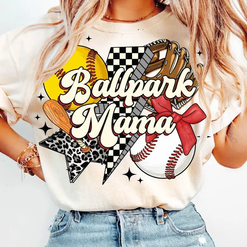 Comfort Colors Softball Baseball Mama T-shirt, Ballpark Mama Retro Tshirt, Game Day Vibes, Coquette Bow Sports Png,...