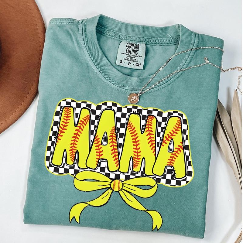 Comfort Colors Softball Mama Bow Shirt, Checkered Mama Coquette Shirt, Gift For Softball Lover Mom Shirt, Mothers Day...