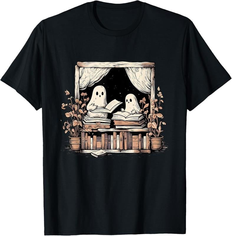Comfort Colors Spooky Ghost Reading Books in a Library T-Shirt Hoodie, Sweatshirt | TeeBloomCo.com