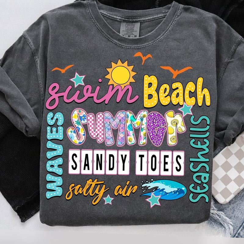 Comfort Colors Summer Waves T-Shirt, Sandy Toes Summer T-Shirt, Seashells and Sunshine Shirt, Retro Beach Preppy, Ocean...