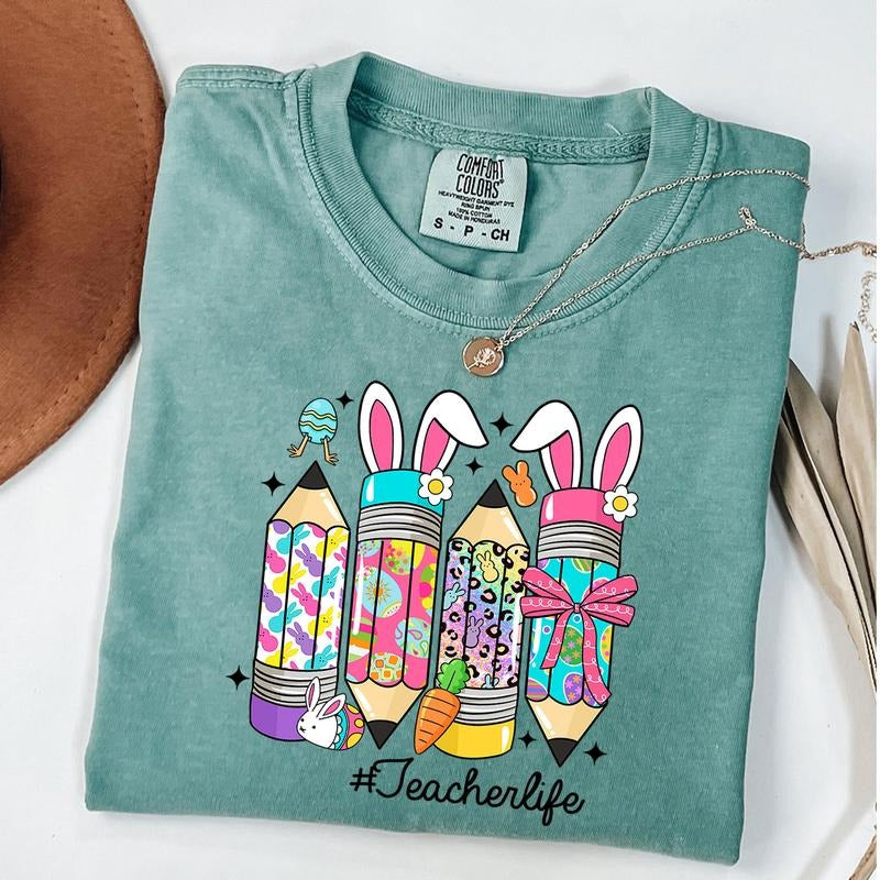 Comfort Colors Teacher Easter Coquette Shirt, Pencil Bunny Shirt, Teacher Life Shirt, Teacher Easter T-Shirt, Unisex...
