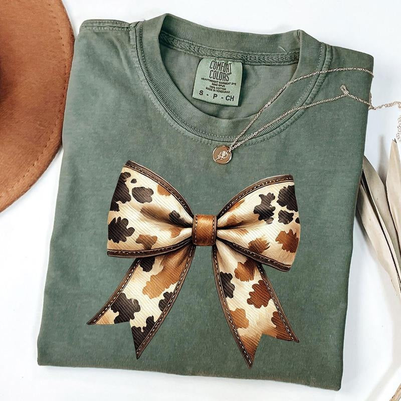 Comfort Colors Western Cowgirl T-Shirt, Cowhide Print Bow Shirt, Boho Style Tee, Cowgirl Vibes Shirt, Western Outfit...