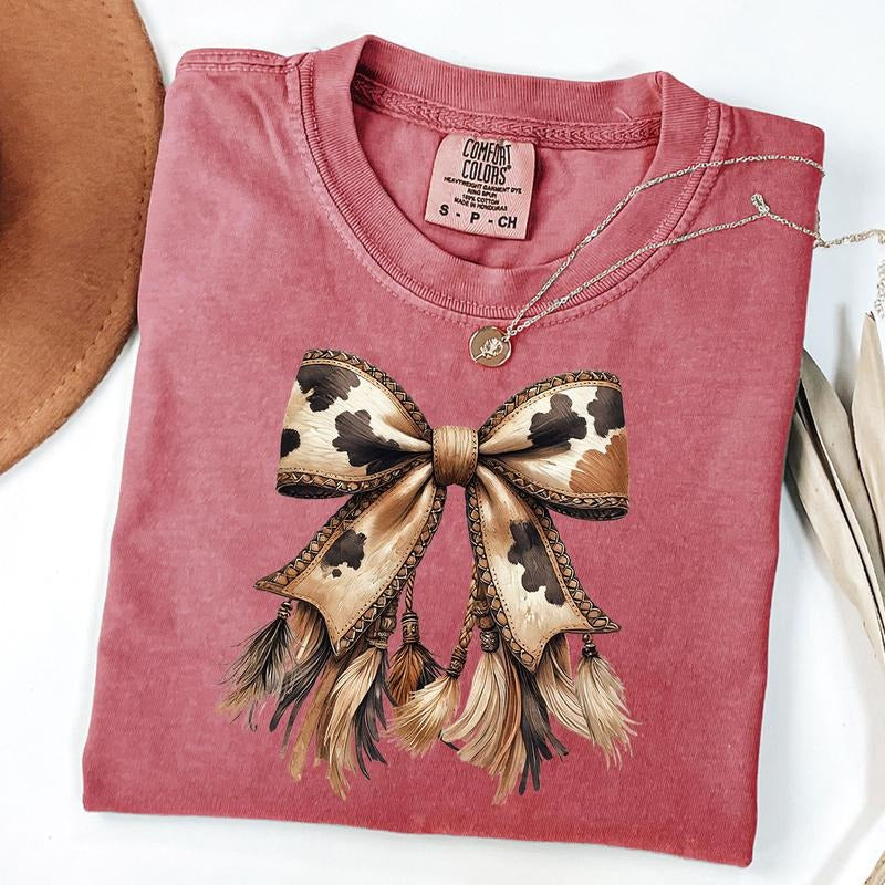 Comfort Colors Western Cowgirl T-Shirt, Cowhide Print Bow Shirt, Boho Tassel Tee, Cowgirl Vibes Shirt, Western Outfit...