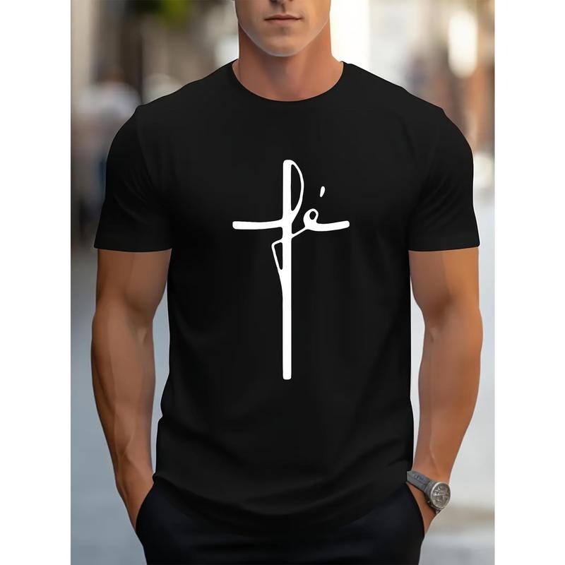 Comfy Cross Print Short Sleeve Tee - Men's Casual T-Shirts - Elastic Crew Neck, Breathable, Moisture-Wicking,...