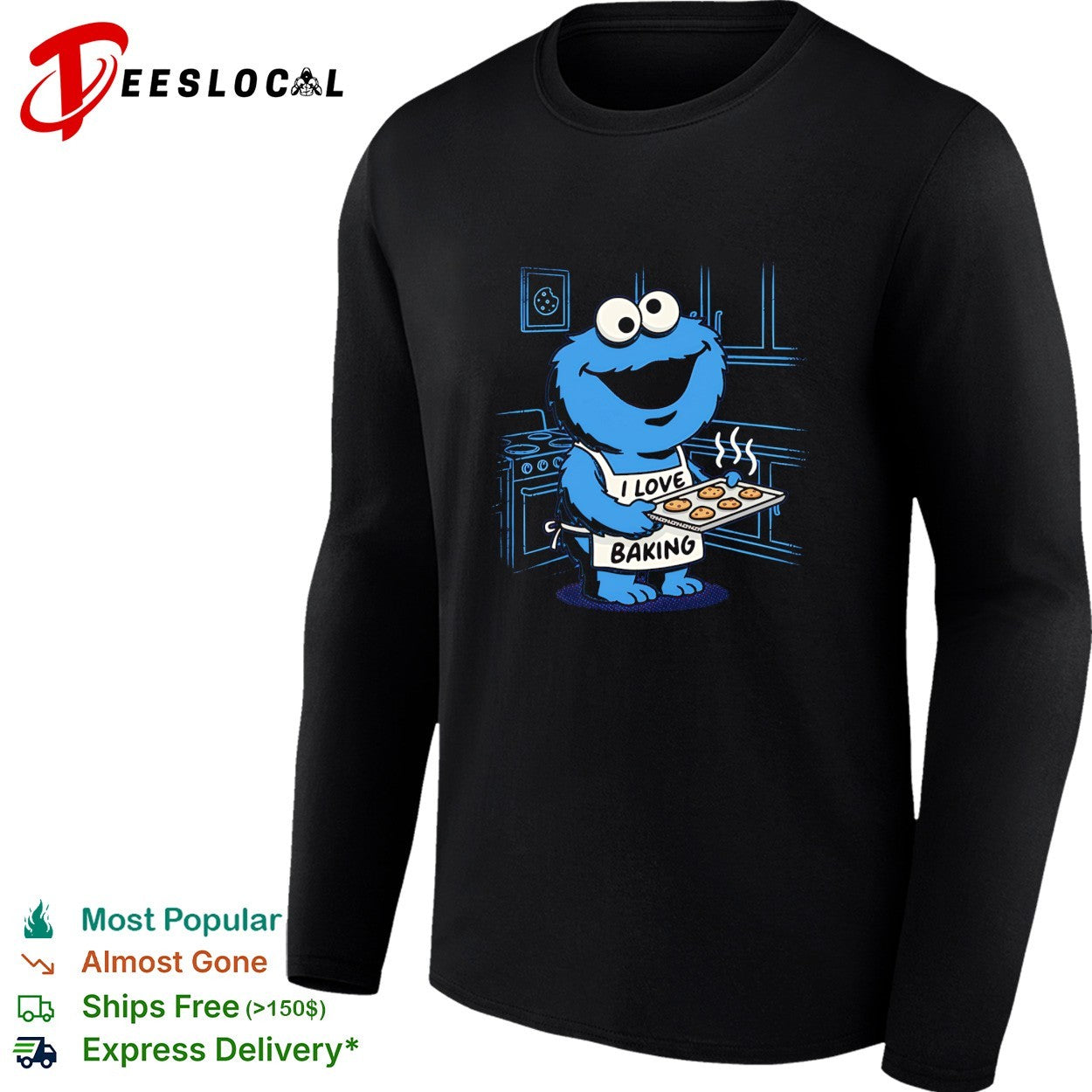 Cookie Monster Sesame Street I Love Baking cookies tray kitchen scene shirt