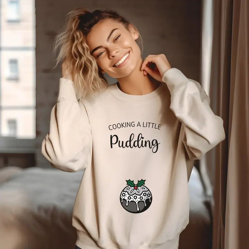 Cooking a Little Pudding Christmas Pregnancy Announcement Sweatshirt, Maternity Jumper, Pregnant Pullover, Xmas Pregnancy...