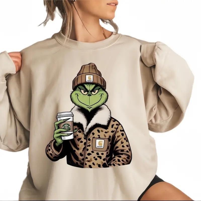 Cool Grinch Christmas Sweatshirt, Grinchmas Leopard Outfit With Latte Shirt, Trendy Grinchmas Sweaters Cotton Casual Hoodie