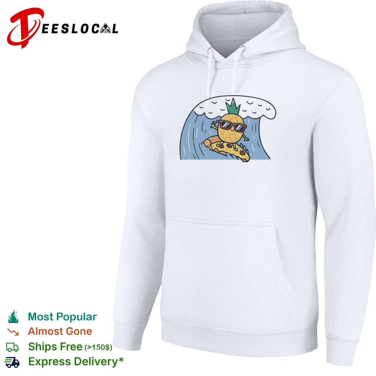 Cool pineapple wearing sunglasses surfing on pizza slice ocean wave cartoon shirt