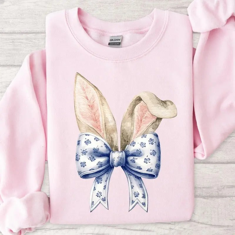 Coquette Bow Bunny Ears Sweatshirt, Cute Easter Bunny Shirt, Aesthetic Rabbit Tee, Happy Easter Gift, Soft Girl Spring...