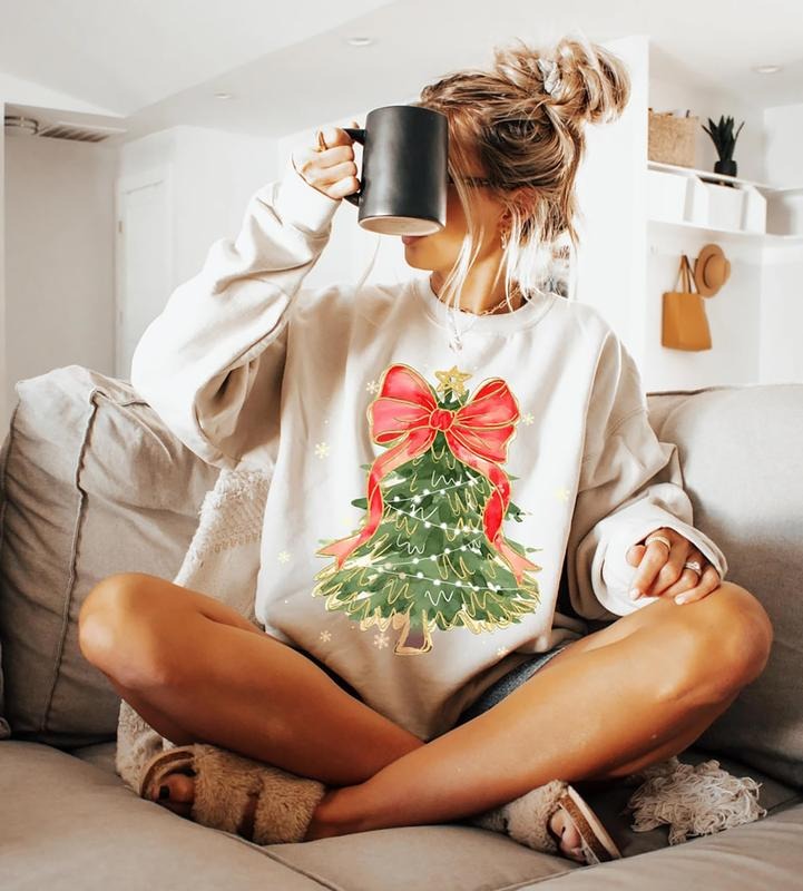 Coquette Bow Christmas Tree Sweater, Christmas Tree Bow Tee Shirt, Coquette Pine Tree Xmas Sweatshirt, Christmas Coquette...