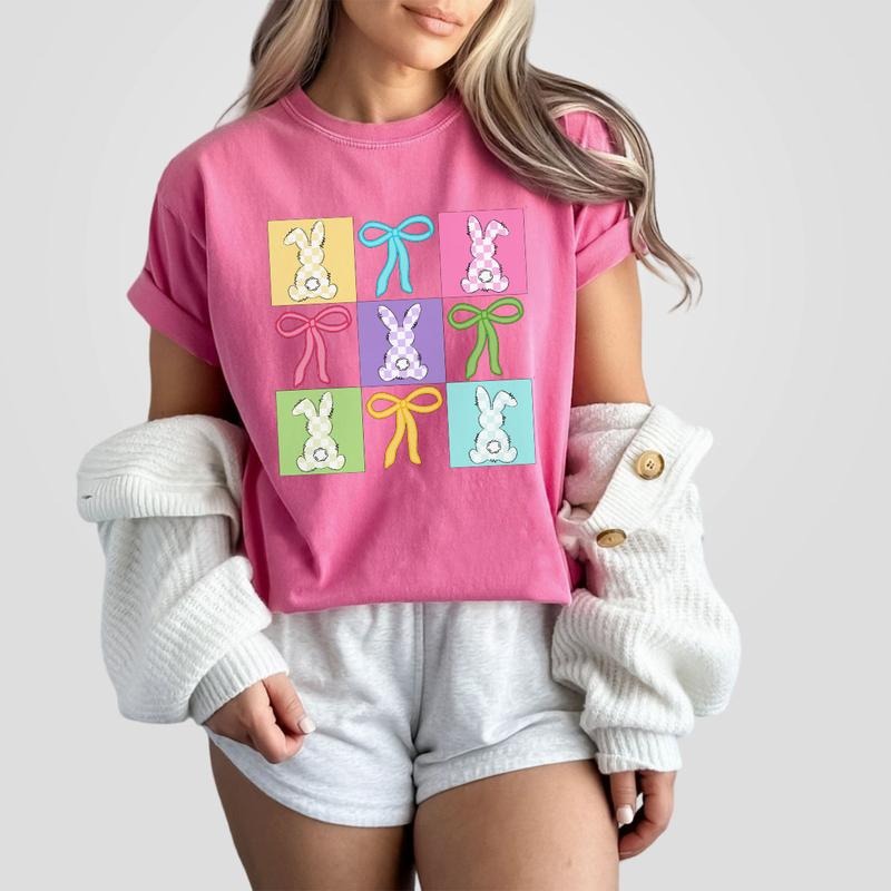 Coquette Bow Easter Shirt, Pastel Bunny Patchwork Tee, Cute Spring Bunny Graphic Shirt, Girly Easter Outfit for Women...