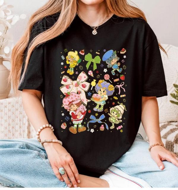 Coquette Bow Glitter Strawberry Shortcake Shirt, 80's Cartoon Characters Rainbow Shirt Hoodie, Sweatshirt | TeeBloomCo.com