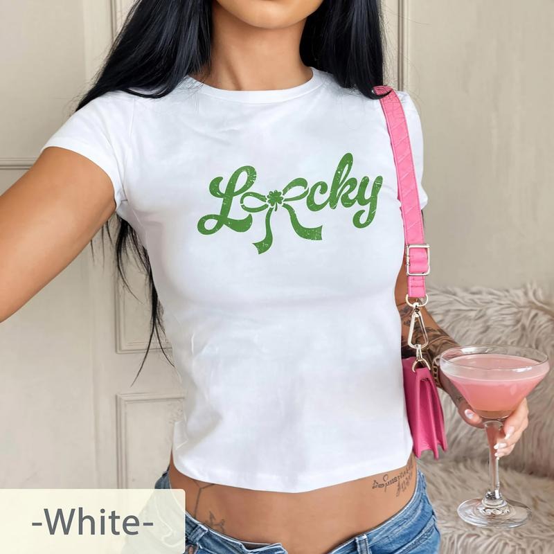 Coquette Bow Lucky Baby Tee, St Patrick's Day Baby Tee, Trendy Aesthetic Shirt, St Paddys Day Baby Tee, Lucky Charm...