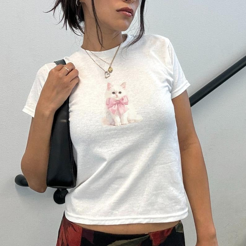 Coquette Cat Ribbon Bow Cat Kitteb Baby Tee Cute Top Aesthetic Y2k Clothing Tshirt Trendy Cat Cute Baby Tee Woman's Top...