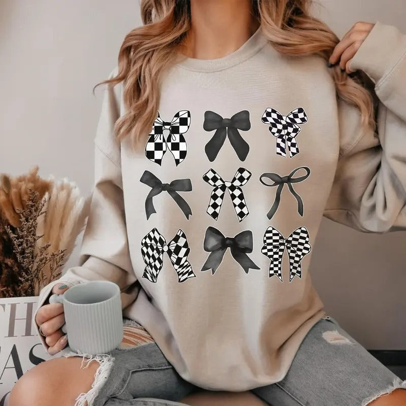 Coquette Checkered Black Bow Sweatshirt, Checkered Mom Tee, Cotton Round Neck Tee, Unisex Tshirt for Men and Women,...