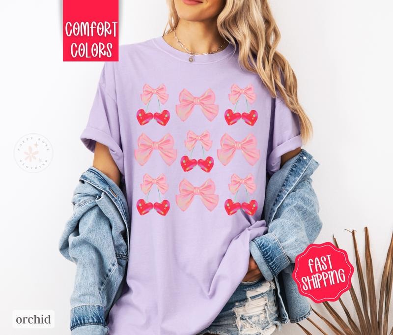 Coquette Cherry Comfort Colors Shirt, Bow Tshirt, Women's Tee Hoodie, Sweatshirt | TeeBloomCo.com