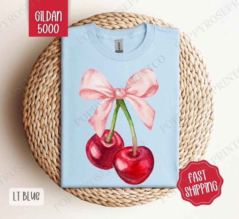 Coquette Cherry Gildan Shirt, Bow Tee, Women's Cute Graphic Tee Hoodie, Sweatshirt | TeeBloomCo.com