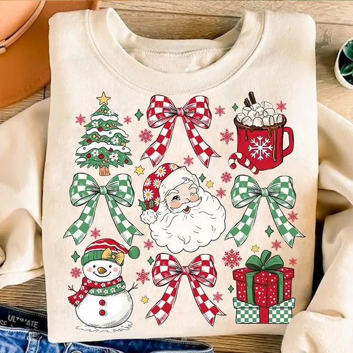 Coquette Christmas Shirt, Christmas trendy 2024 Sweatshirt, Retro Holidays, Hot Cocoa, Candy Cane, Santa Coquette Bow...