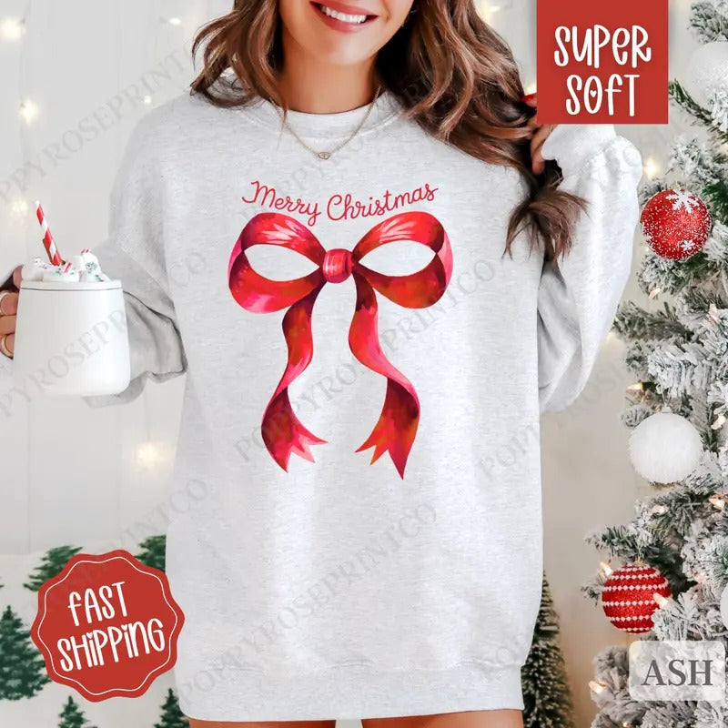 Coquette Christmas Sweatshirt, Preppy Merry Christmas Crewneck,  Womens Holiday Sweater T-Shirts, Hoodie | TeeBloomCo.com