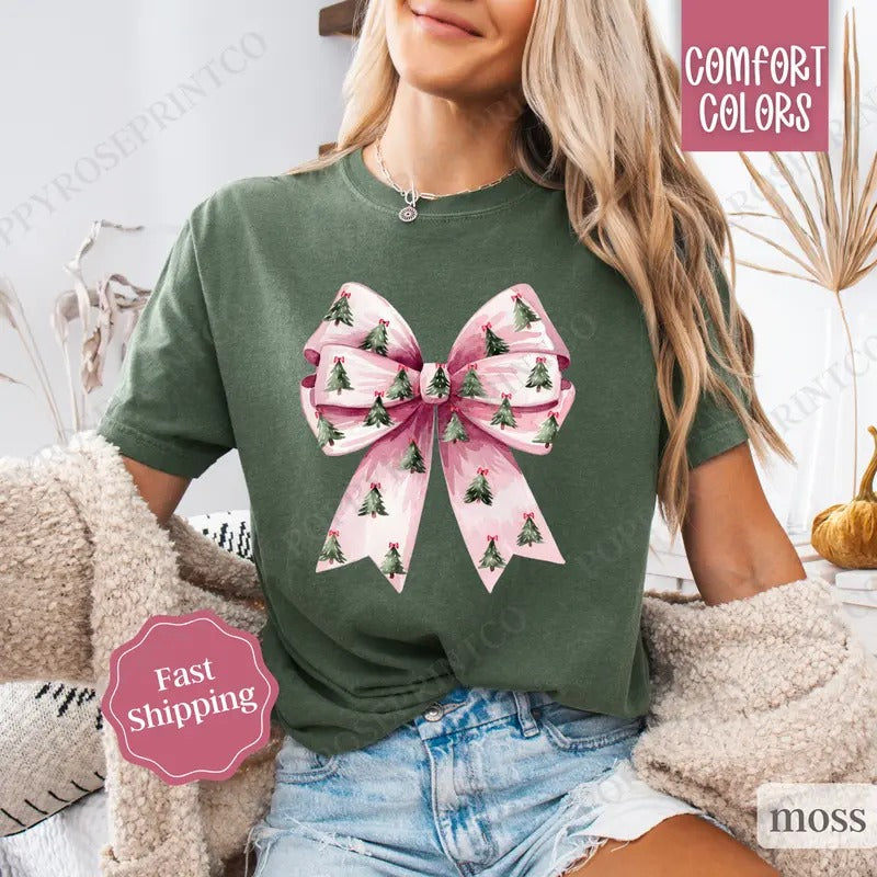 Coquette Christmas Tree Shirt, Christmas Tree Bow Tee,  Women's Holiday Tshirt Hoodie, Sweatshirt | TeeBloomCo.com