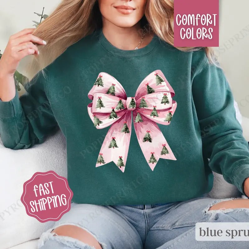 Coquette Christmas Tree Sweatshirt Comfort Colors, Christmas Tree Bow Crewneck,  Women's Holiday Sweater T-Shirts, Hoodie