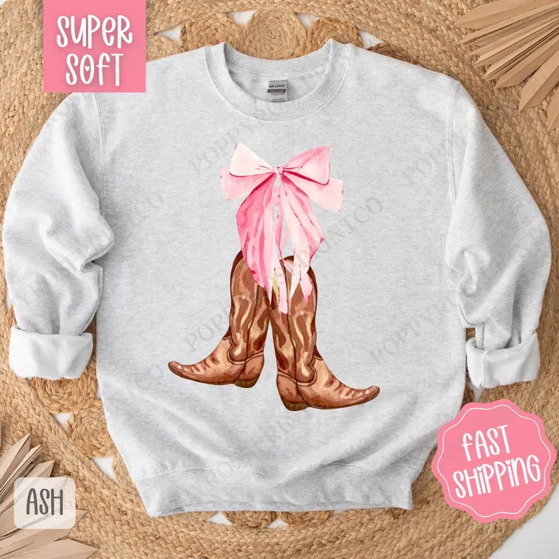 Coquette Cowgirl Boots Sweatshirt, Cowgirl Bow Crewneck, Country Music Sweater, Coquette Western Sweatshirt T-Shirts, Hoodie