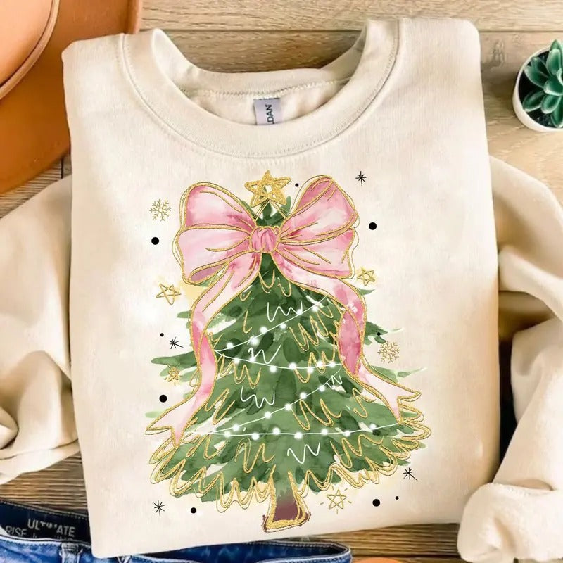 Coquette Glitter Christmas Tree T-Shirt - Watercolor Girly Merry Christmas Bow Sweatshirt