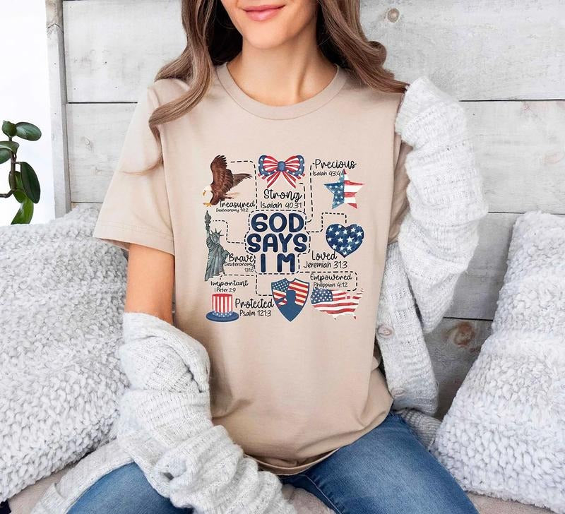 Coquette God Says I Am 4th of July Shirt, Bible Verse TShirt, Bow Shirt, Coquette Fourth of July T-Shirt, Christian 4th...